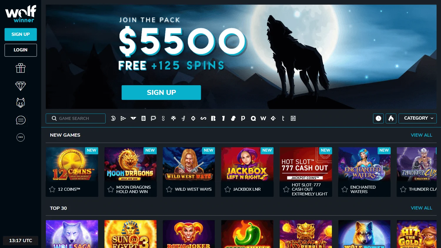 Wolf Casino home screen on desktop