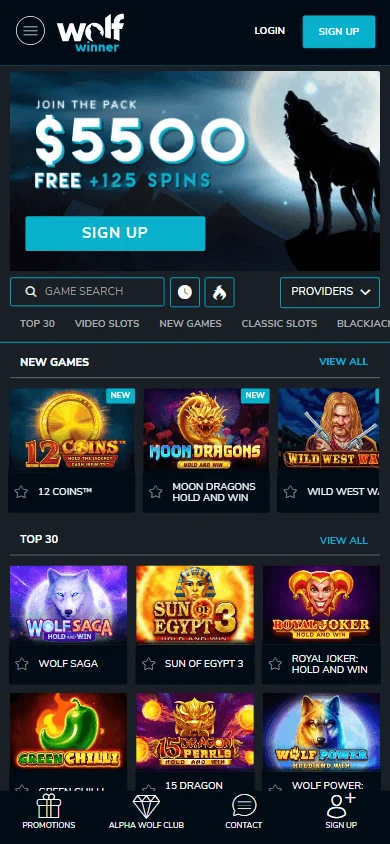 Wolf Casino home screen on a mobile browser