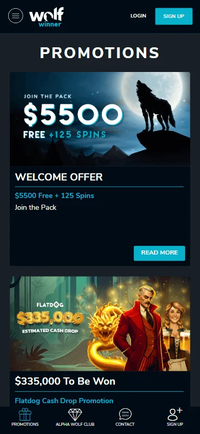 Wolf Casino promotions screen on a mobile browser