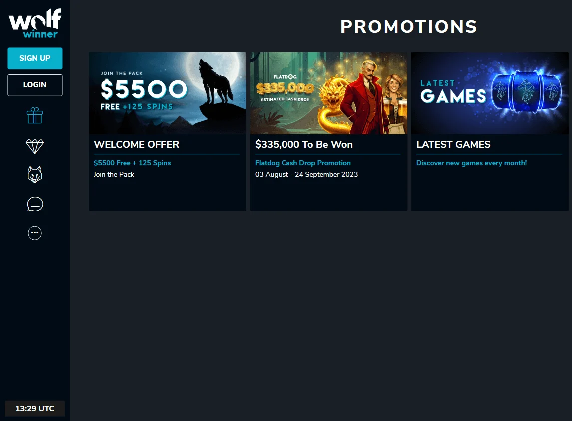Wolf Casino promotions screen on desktop